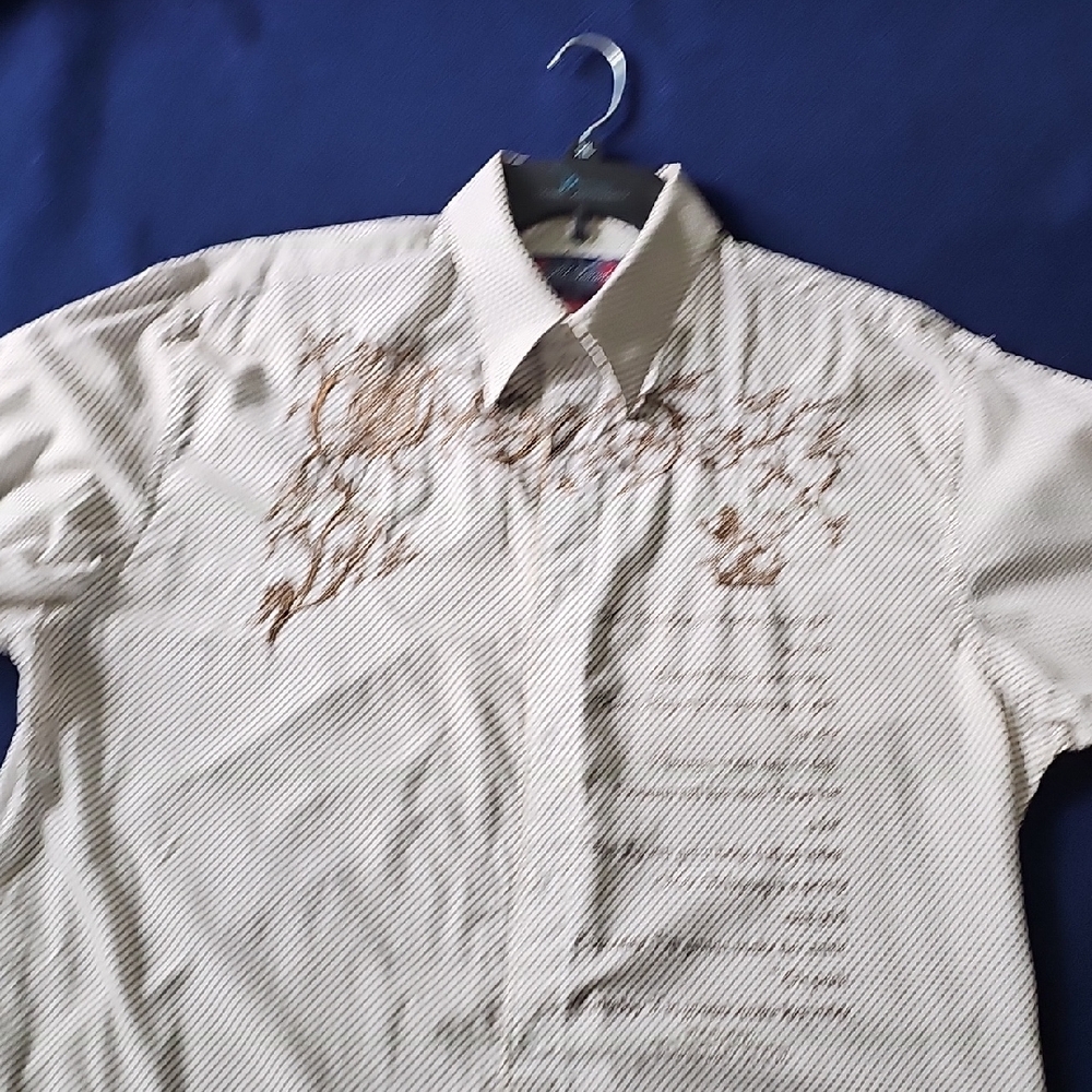 Men's Cream Short-Sleeve Button-Up Shirt with Brown Embroidery